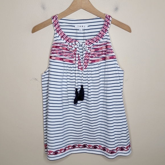 THML | Blue & White Striped Tank Top with Red Pink Embroidery Size Large - Picture 6 of 6